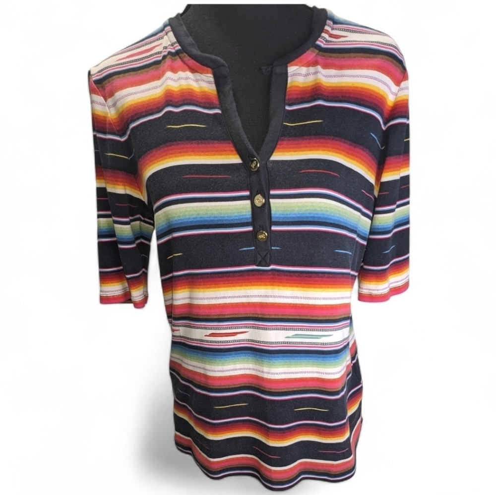 Ralph Lauren Black Label Colorful Aztec Striped Short Sleeve Top Size L Flaw